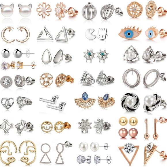 32 Pairs Assorted Stainless Steel Stud Earrings for Teens Girls Women-Cute Anima - Picture 1 of 7
